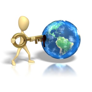A stick figure inserts a gold key into the earth in this conceptual clipart.