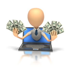 A stick figure holds two handfuls of cash while leaning out of a laptop screen in this clipart.