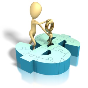A stick figure inserts a key into a dollar-shaped jigsaw puzzle in this business clipart.