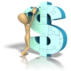 A stick figure fits the last piece in a dollar-shaped puzzle in this business-themed clipart.