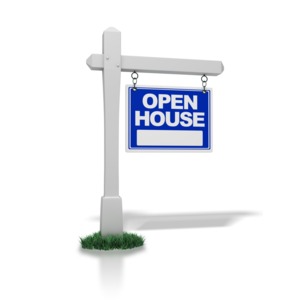 A blue &quot;open house&quot; sign is displayed on a white post in this clipart.