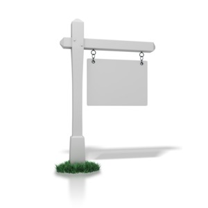 A blank real estate sign hangs from a white post in this clipart.