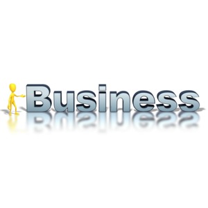  A stick figure stands next the the text &quot;business&quot; in this clipart.