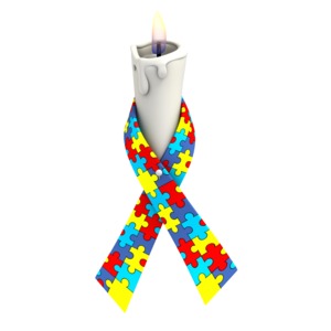 A multi-colored autism awareness ribbon is wrapped around a flickering white candle in this clipart.