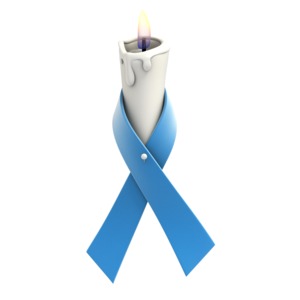 A blue awareness ribbon is wrapped around a flickering white candle in this clipart.
