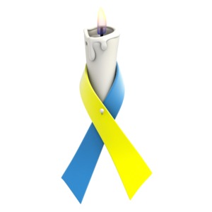 A blue and yellow awareness ribbon is wrapped around a flickering white candle in this clipart.