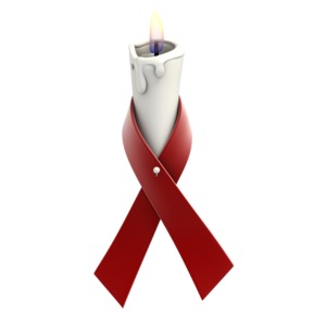 A blue and yellow awareness ribbon is wrapped around a flickering white candle in this clipart.