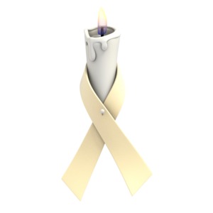 A cream colored awareness ribbon is wrapped around a flickering white candle in this clipart.