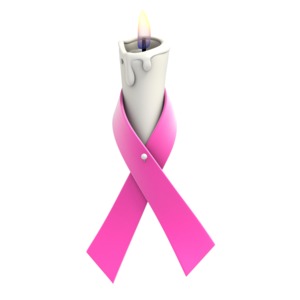 A hot pink awareness ribbon is wrapped around a flickering white candle in this animated clipart.