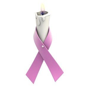 A lavender awareness ribbon is wrapped around a flickering white candle in this clipart.