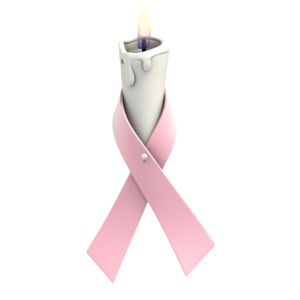 A pink awareness ribbon is wrapped around a flickering white candle in this clipart.