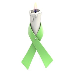 A lime colored awareness ribbon is wrapped around a flickering white candle in this clipart.