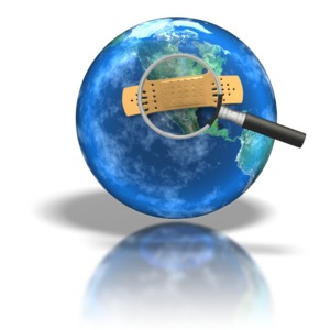 A magnifying glass focuses on a bandaid on the planet Earth in this clipart.