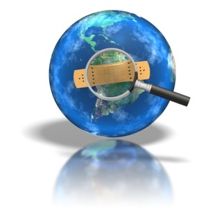 A magnifying glass focuses on a bandaid on the planet Earth in this clipart.