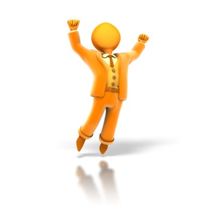An orange business character is suspended mid-air as he jumps for joy in this clipart.