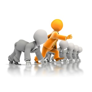 An orange business character is the first one out of the blocks as he races other business figures in this clipart.