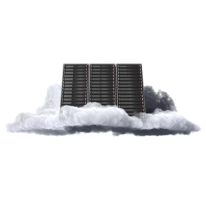 A rack of servers floats on a cloud in this conceptual clipart.