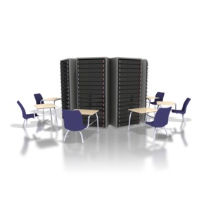 A group of school desks is gathered around computer servers in this clipart representing distance learning.