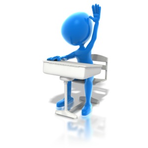 A blue character raises its hand while sitting in a school desk in this school-themed clipart.