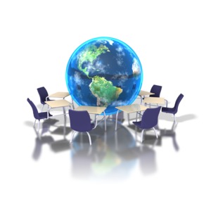 A group of desks is gathered around the planet Earth in this education-themed clipart.