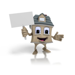 A cartoon house holds a blank sign in this clipart.