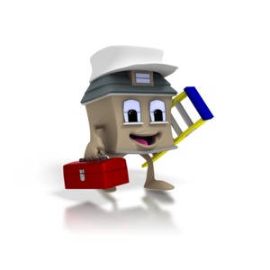 A cartoon house in a hard hat carrying a ladder and toolbox prepares to make home improvements in this clipart.