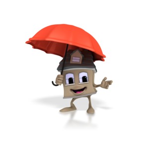 A cartoon house is protected by an umbrella in this clipart.