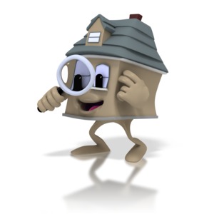 A cartoon house looks through a magnifying glass in this clipart.