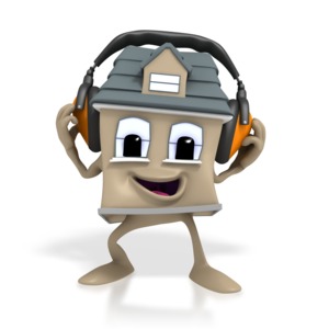 A cartoon house listens through headphones in this clipart.