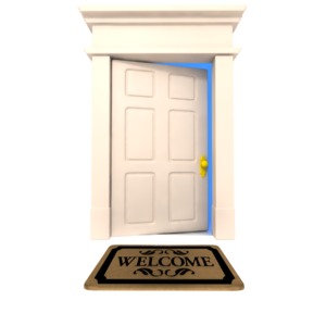 A welcome mat appears before a partially opened door in this clipart.