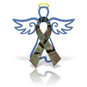 A camouflage awareness ribbon is wrapped around a hovering angel in this clipart.