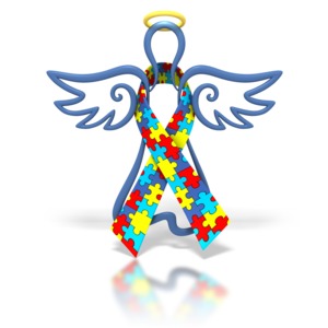 An autism awareness ribbon is wrapped around a hovering angel in this clipart.