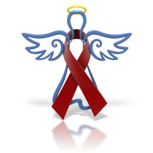 A burgundy awareness ribbon is wrapped around a hovering angel in this clipart.