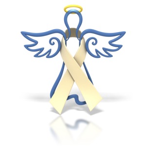A cream colored awareness ribbon is wrapped around a hovering angel in this clipart.