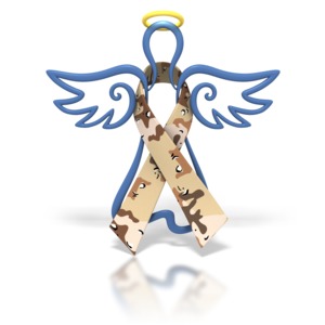 A desert camouflage awareness ribbon is wrapped around a hovering angel in this clipart.