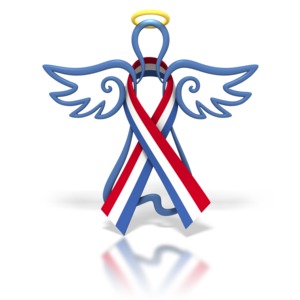 A red, white, and blue awareness ribbon is wrapped around a hovering angel in this clipart.