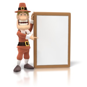 A thanksgiving pilgrim points to a blank sign.