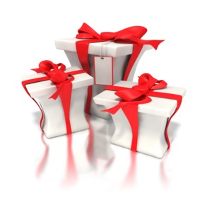 Three red and white presents sit in a group.