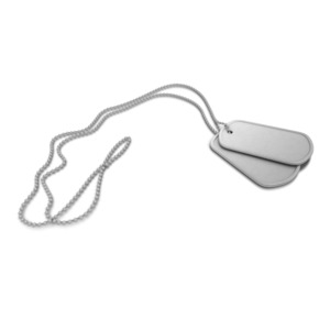 This clip art image shows a set of dog tags on a chain laying down on the ground.
