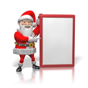 A jolly santa claus points to a sign