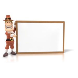 a jolly pilgrim smiles as he points to a sign.