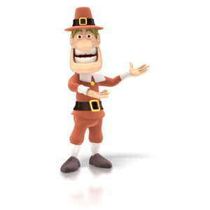 a pilgrim stands with his hands out.