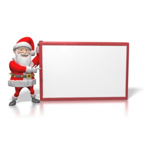 A jolly santa claus points to a large sign