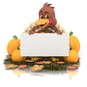 Add a text box in PowerPoint to add your own text to this image.  A Thanksgiving turkey surrounded with fall leaves and pumpkins holds a blank sign in this holiday clipart.
