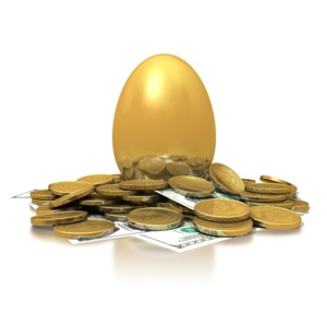 A golden egg sits upon a pile of gold coins and hundred dollar bills in this retirement concept clipart.
