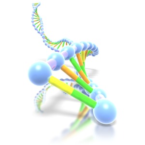 A DNA helix spirals into the sky. 