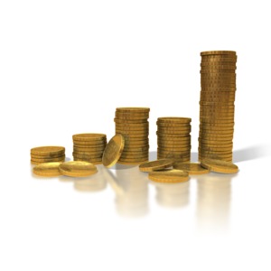 Fives stacks of gold coins increase in size in this growth and savings clipart concept.