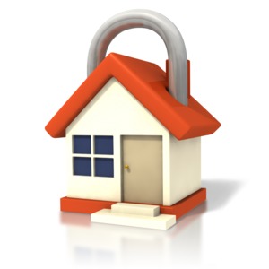 A clip art image of an orange roofed house with a lock top coming out of the roof.
