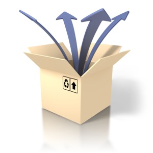 A group of arrows fly out of the box to indicate looking for new solutions in this think differently concept clipart. 