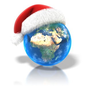 A jolly Santa hat sits atop the earth in this festive Christmas clipart.
